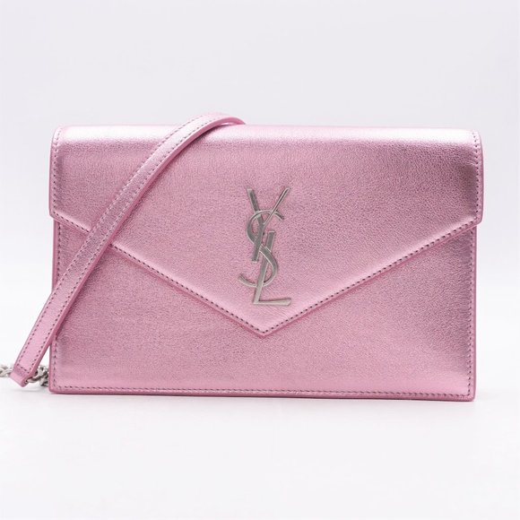 New Saint Laurent 'OR Rose' Cassandre Metallized Leather Envelope Chain Wallet - Picture 1 of 16